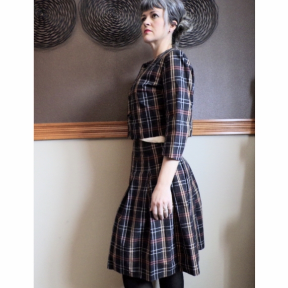 1960's PLAID SKIRT SUIT 60's vintage set S (D4) - Picture 5 of 9